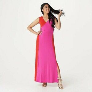 Women's Petite Sleeveless Color-Blocked Knit Maxi Dress - Poppy Red/Berry